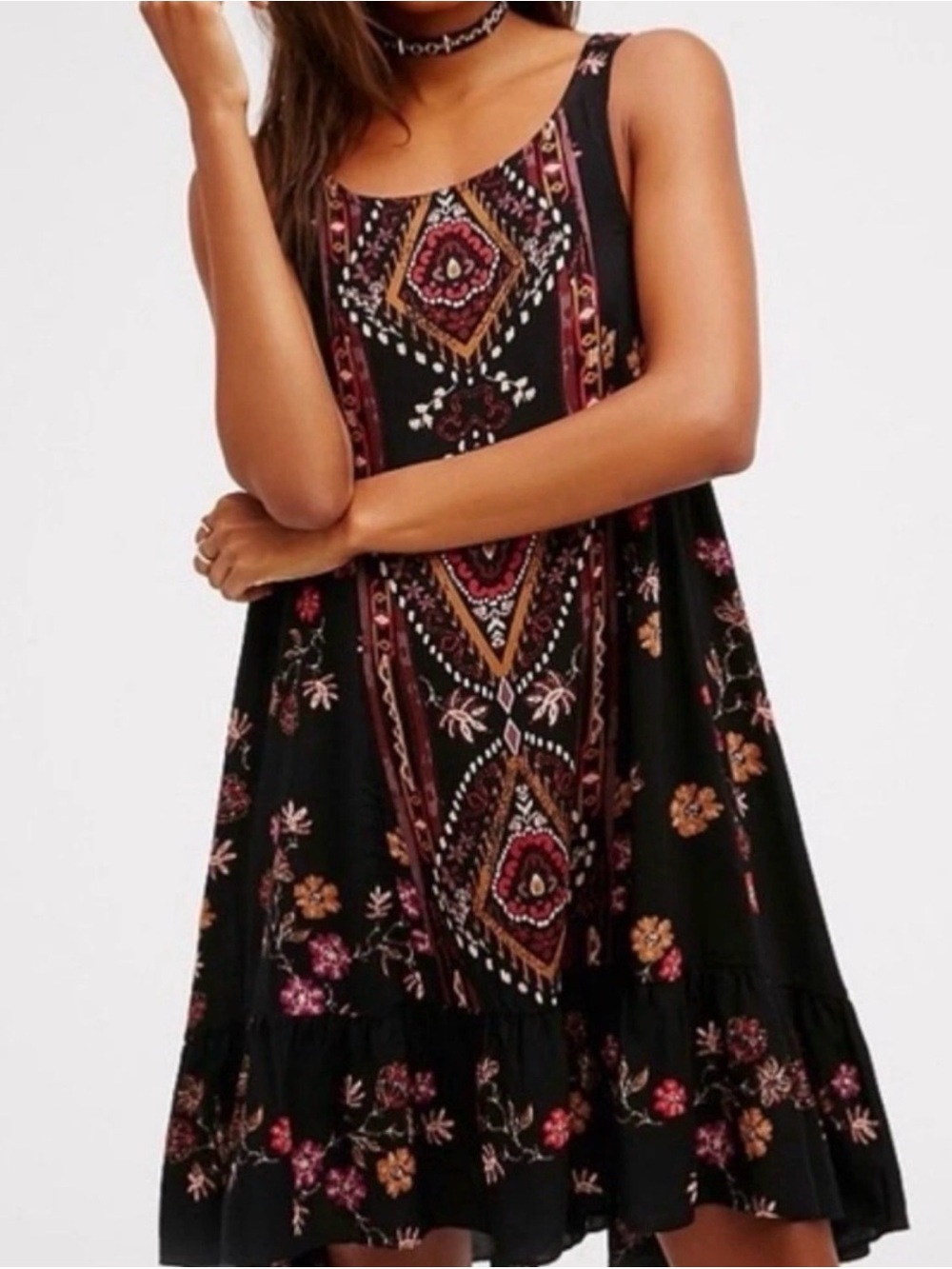 Free People Anna Boarder Slip Dress Black Floral Boho Western Size SP
